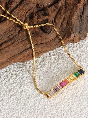Simple Geometric Design Inlaid Multi-Color Color Zircon Snake Bones Chain Stainless Steel Gold-Plated Draw Pull Buckle Anklet Ornament Women
