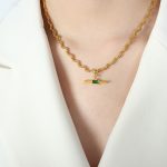 color: P1442-Gold Green Glass Stone Necklace -40+5cm