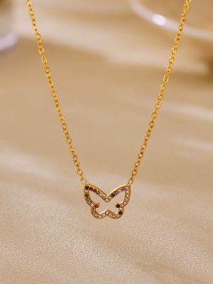 Colorful Zircon Butterfly Gentle Necklace Women's Light Luxury Exquisite Stainless Steel Necklace Simple Clavicle Chain