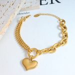 Grid Design Hand Jewelry Cuban Link Chain Stitching Chain Heart Bracelet Stainless Steel 18K Gold Plating Colorfast