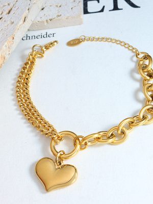 Grid Design Hand Jewelry Cuban Link Chain Stitching Chain Heart Bracelet Stainless Steel 18K Gold Plating Colorfast
