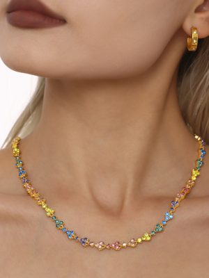 Full Diamond Triangle Plum Blossom Handmade Chain Heavy Industry Luxurious Color Zircon Stainless Steel Plated 18K Real Gold Necklace
