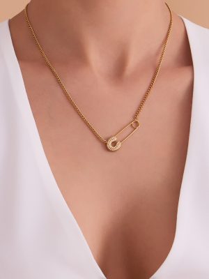 Rhinestone Zircon Pin Shiny 18K Gold Plating Clavicle Chain Stainless Steel Versatile Personality Clip Necklace