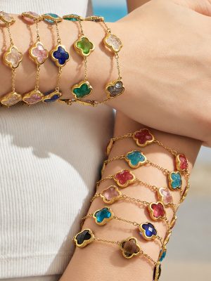 Light Luxury Four-Leaf Flower Inlaid Ice Stone Clavicle Chain Stainless Steel Gold-Plated Women's Bracelet Necklace Jewelry Three-Piece Set
