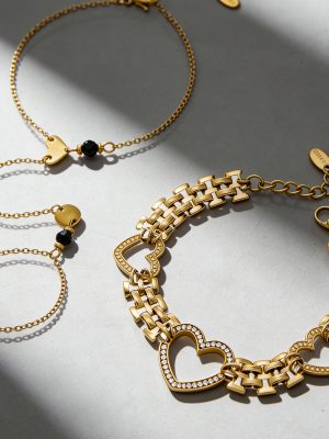 INS Heart-Shaped Multi-Part Watch Chain Stainless Steel Bracelet Plated 18K Real Gold Twin Very Fine Finger Chain