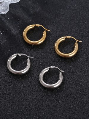 Simple 18K Gold Plated Hoop Earrings Female Ins Geometric Stainless Steel Ornament