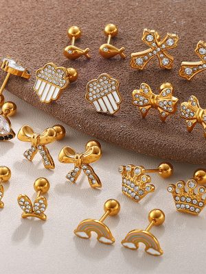 Exquisite Variety of Creative Earrings Stainless Steel 18K Gold Plating Diamond-Embedded Exquisite All-Match Earrings Set