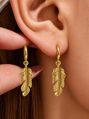 Golden wing pendant earrings, stainless steel, vintage high-end ear jewelry—available now.