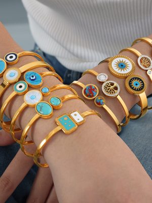 Personality Trendy Elegant Natural Stone Fritillary Inlaid round Brand Design Simple All-Match Stainless Steel Bracelet