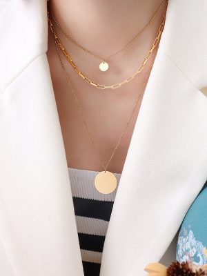 Three-Layer Twin Clavicle Chain Stainless Steel Plated 18K Real Gold Necklace Cold Necklace Jewelry P595