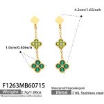 color: F1263-Four-petal Flower Green Color Zircon Gold Earrings