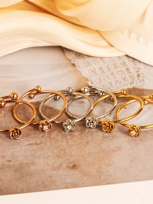 Stainless Steel Rose Open Ring Female Adjustable Light Luxury Gold Plated Diamond-Studded Design Bracelet
