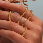 5A Zircon CNC Diamond-Studded Ring Three Simple Bracelet Stackable Stainless Steel Plated 18K Real Gold Commuter Ring