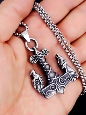 Nordic Viking Thor Wolf Stainless Steel Pendant Odin Wolf Head Boat Anchor Necklace Ornament