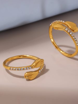Love Hug Zircon Ring Simple Design Open Ring Stainless Steel Plated Real Gold Ornament
