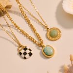 Natural Turquoise Oval Pendant Twin Clavicle Chain Oil Dripping Chessboard Bag Stainless Steel Necklace Combination