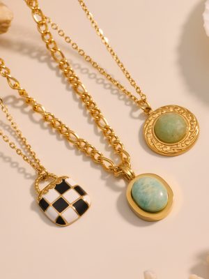 Natural Turquoise Oval Pendant Twin Clavicle Chain Oil Dripping Chessboard Bag Stainless Steel Necklace Combination