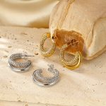 Earrings Stainless Steel 18K Gold C- Type Hemp Pattern Ear Studs with Diamond Circle Temperament Lady Ear Clip