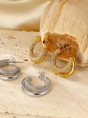 Earrings Stainless Steel 18K Gold C- Type Hemp Pattern Ear Studs with Diamond Circle Temperament Lady Ear Clip