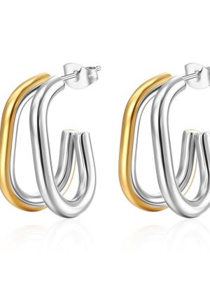 Same Style Ear Studs Oval Two-Line Earrings Advanced Elegant Wild Earrings Gold Two-Tone Stainless Steel Material