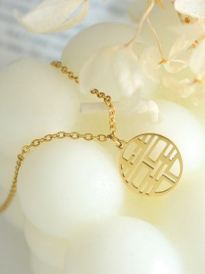 Chinese Ethnic Chinese Character Double Happy Character Hollow Pendant Necklace Stainless Steel Gold Plated Double Wedding Card Design Clavicle Chain