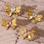 Sweet Pleated Zircon Bow Earrings Stainless Steel PVD Electroplated 18K Real Gold Female Earrings Combination