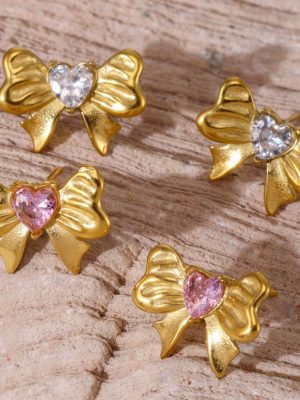 Sweet Pleated Zircon Bow Earrings Stainless Steel PVD Electroplated 18K Real Gold Female Earrings Combination
