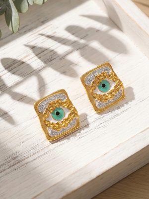Exaggerated and Personalized Texture Square Stud Earrings Inlaid Zircon Devil's Eye Drop Oil Stainless Steel Earrings