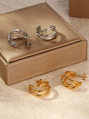 Stainless Steel Hemp Pattern Combination of Three Line Earrings Plated 18K Women's Advanced Ear Rings