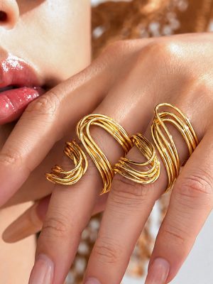 Multi-Circle Winding Exaggerated Stainless Steel Plated 18K Gold Ring Irregular Lines