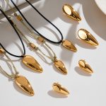 High Polished Water Drop Pendant Earrings Black Leather Rope Clavicle Chain Stainless Steel 18K Gold Plating New Suit