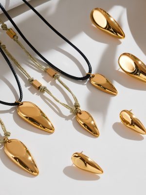 High Polished Water Drop Pendant Earrings Black Leather Rope Clavicle Chain Stainless Steel 18K Gold Plating New Suit