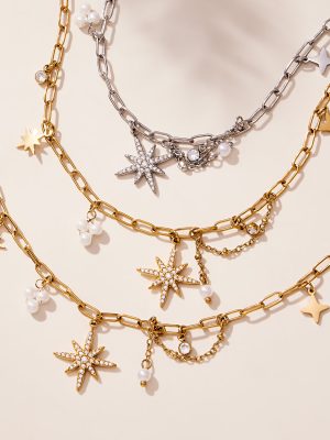 Inlaid Zircon Eight Awn Star Pendant Plastic Beads Tassel Stitching Clavicle Chain Plated 18K Real Gold Exquisite Jewelry