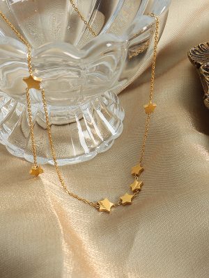 Lattice Simple Elegant Five-Pointed Star Pendant Tassel Chain Design Stainless Steel Gold-Plated Necklace Mother's Day Gift
