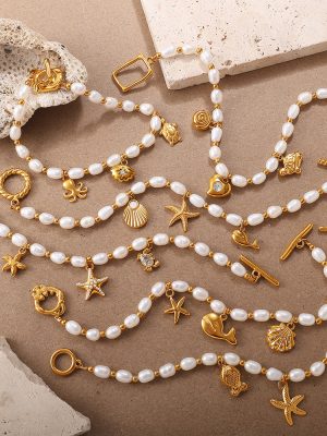 Creative Ocean Theme Freshwater Pearl DIY Dolphin Pendant Bracelet Plated 18K Gold Accessories Women