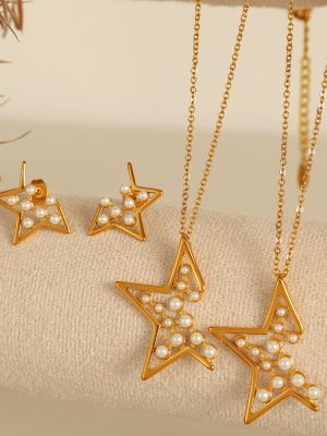 New Jewelry Set Fresh Earrings Necklace Pentagram Heart White Pearl Design Advanced Ear Studs Exquisite Simple