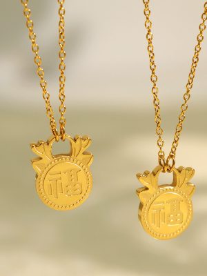 New Year Gift Lucky Pendant Necklace Retro National Trend Design Clavicle Chain Stainless Steel Gold Plated Long Chain