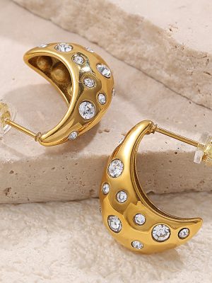 Personalized C- Shaped 18K Gold Plating Low Sensitivity Stainless Steel Studs Inlaid Zircon Earrings Female Non-Fading Casting