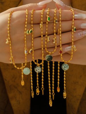 Rice Bead Chain Inlaid Color Zirconium Design Ornament Personality Natural Stone Pendant Stainless Steel Necklace