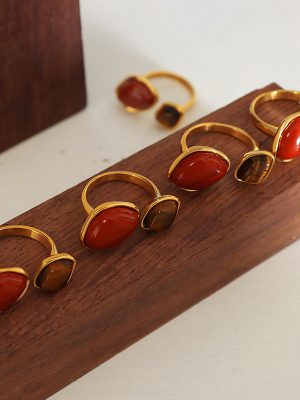 Strictly Selected Retro Natural Redstone Tigereye Open Ring Stainless Steel Plated 18K Ring Personality Ornament Female