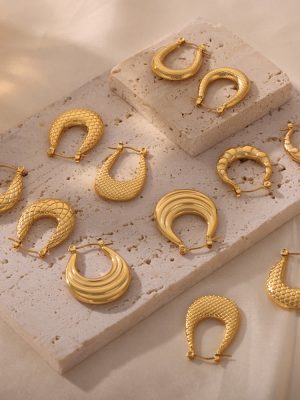 New Style French Style Personalized Design Stainless Steel Gold Plated Geometric U-Shaped Texture Earrings Simple Jewelry