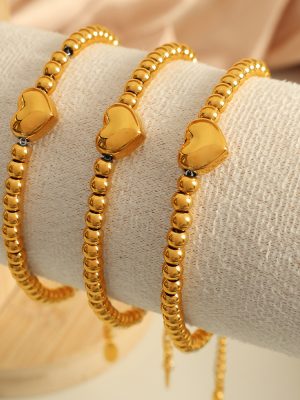 INS New Stainless Steel Bracelet 18K Gold Plated round Beads Heart Bracelet Simple All-Match Light Luxury Ornament