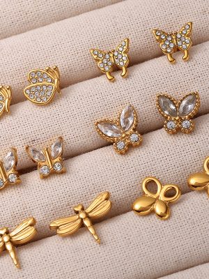 Temperament Wild Stainless Steel Butterfly Dragonfly Plated 18K Gold Earrings Senior Female