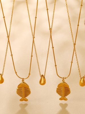 INS Water Drop Fishbone Pendant Necklace Stainless Steel 18K Gold Plating Design All-Match Necklace