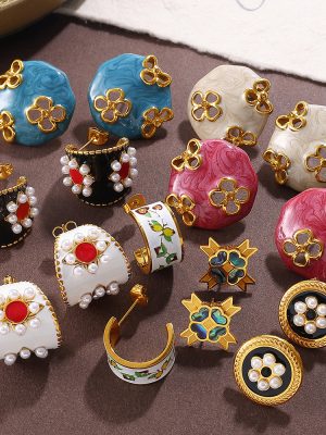 Retro Colorful Dripping Oil round Hollow Flower Earrings Non-Fading Light Luxury High-End Women