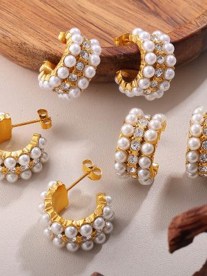 French Entry Lux Socialite Temperament Artificial Pearl Earrings Stainless Steel 18K Gold Plated Senior Female