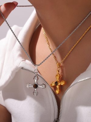 British Retro Graceful Personality Ornament Cross Inlaid Tigereye Design Pendant Stainless Steel Necklace