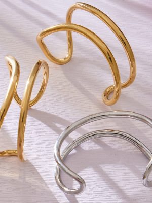 Simple and Irregular Lines C- Shaped Open-Ended Bracelet Plated 18K Real Gold Personalized Glossy Bracelet