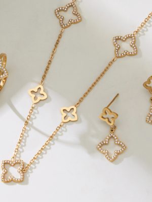 Full Zirconium Hollow Four-Leaf Flower Earrings Open Ring Clavicle Chain 18K Gold Plating Exquisite Jewelry