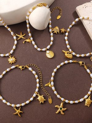Creative Ocean Theme Freshwater Pearl DIY Dolphin Pendant Bracelet Plated 18K Gold Accessories Women